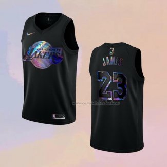 Camiseta Los Angeles Lakers LeBron James NO 23 Iridescent Logo Negro